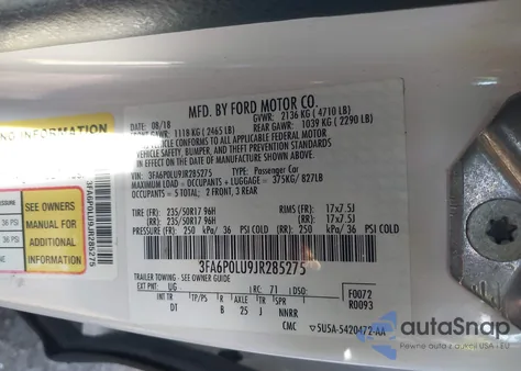 2018 Ford Fusion Hybrid Se z USA, uszkodzony, nr VIN 3FA6P0LU9JR285275